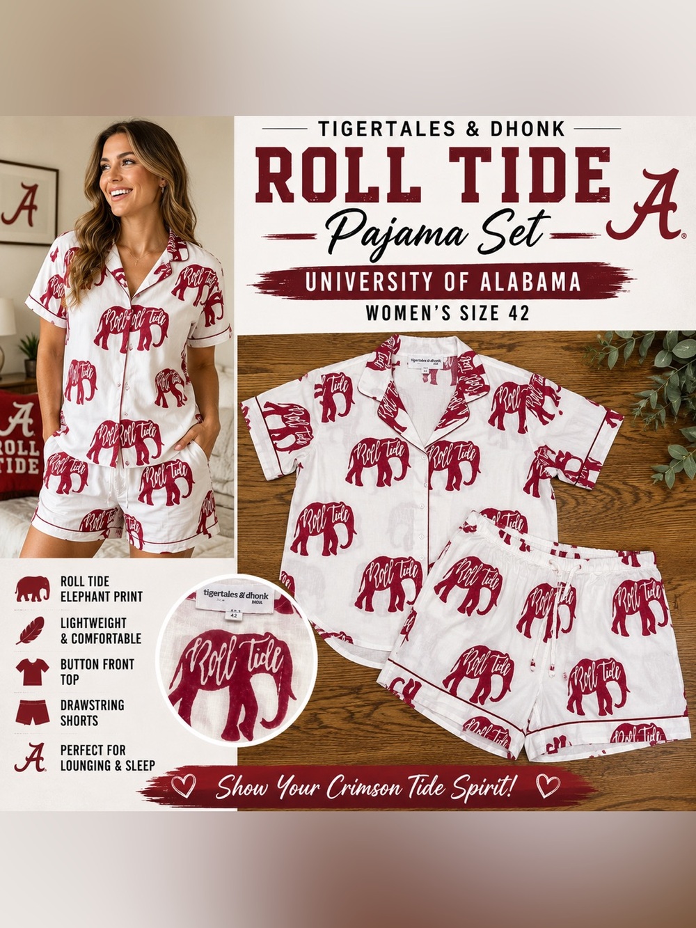 TigerTales & Dhonk Women's 'Roll Tide' Crimson Elephant Pajama Set Size Small